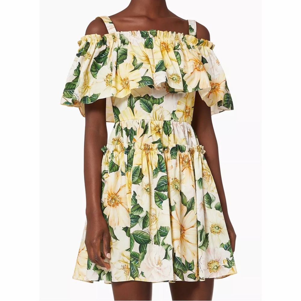 Dolce & Gabbana Camellia Print Mini Dress Yellow Floral Cold Shoulder IT 38